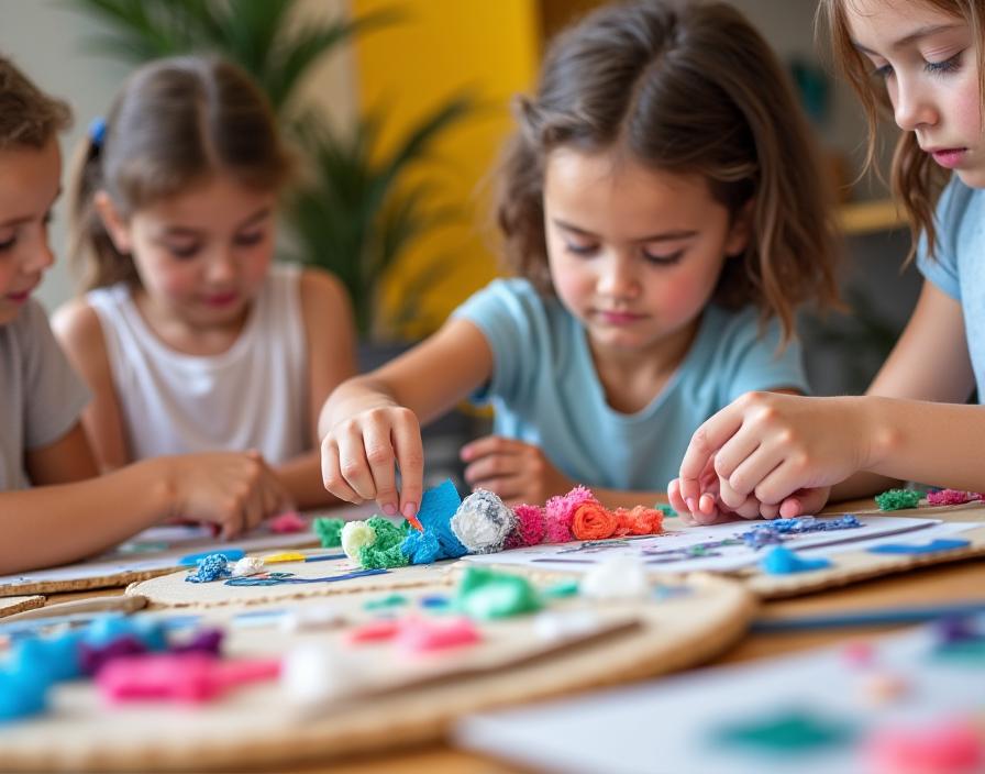 Enfants créant avec des matériaux recyclés